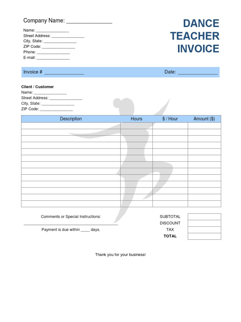 Dance Teacher Invoice Template | PDF