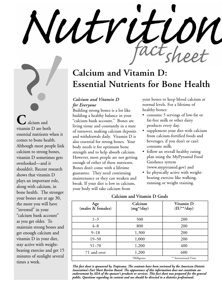 Calcium and Vitamin D (Tropicana Fact Sheet) ADA FACT SHEET Vitamin D