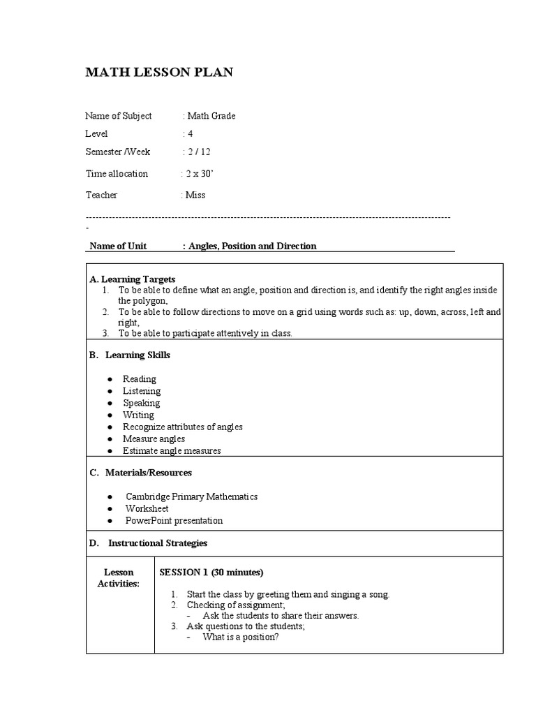 Angles and Directions Lesson Plan | PDF | Angle | Lesson Plan