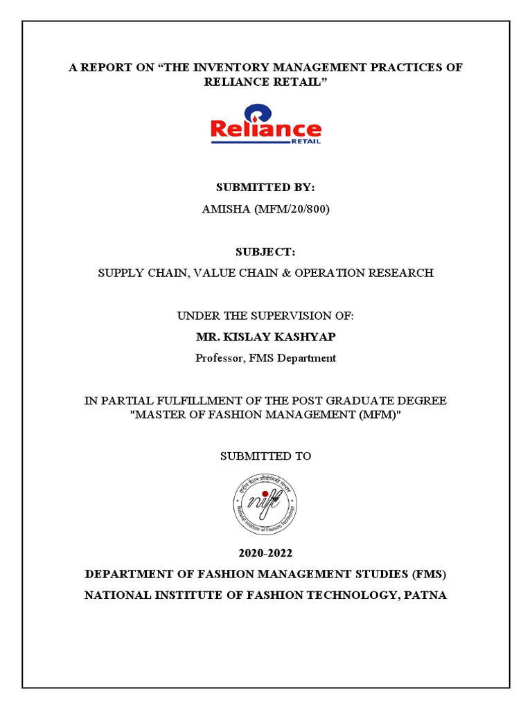Reliance Retail Inventory Management Report | PDF | Inventory | Retail