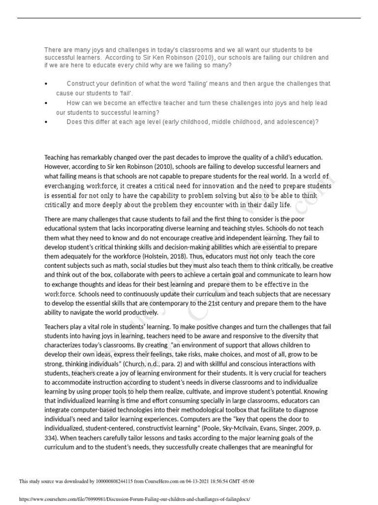 Discussion Forum Failing Our Children And Chanllanges Of Failing Pdf Learning Teachers