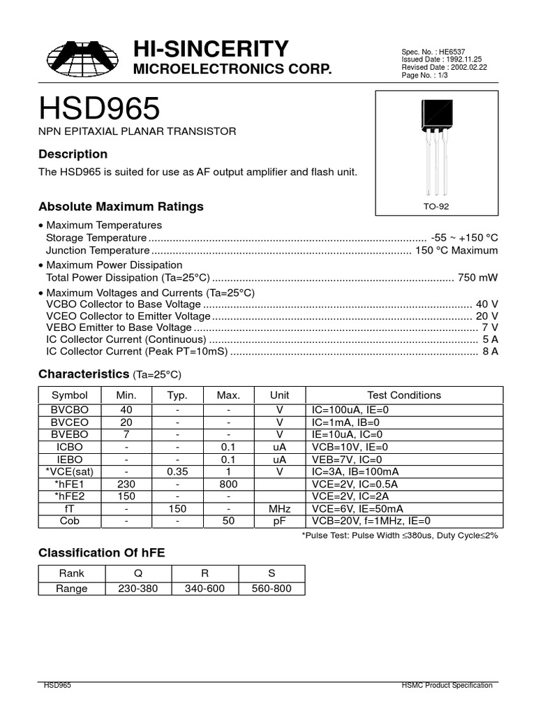 NPN Epitaxial Planar Transistor Specification Sheet for the HSD965 ...