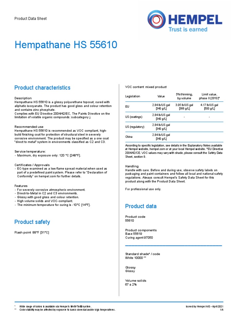 Hempathane HS 55610 Product Characteristics PDF Volatile Organic