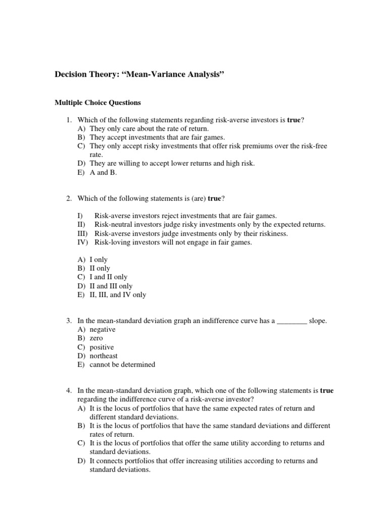 Questions Mean-Variance | PDF | Modern Portfolio Theory | Risk Aversion