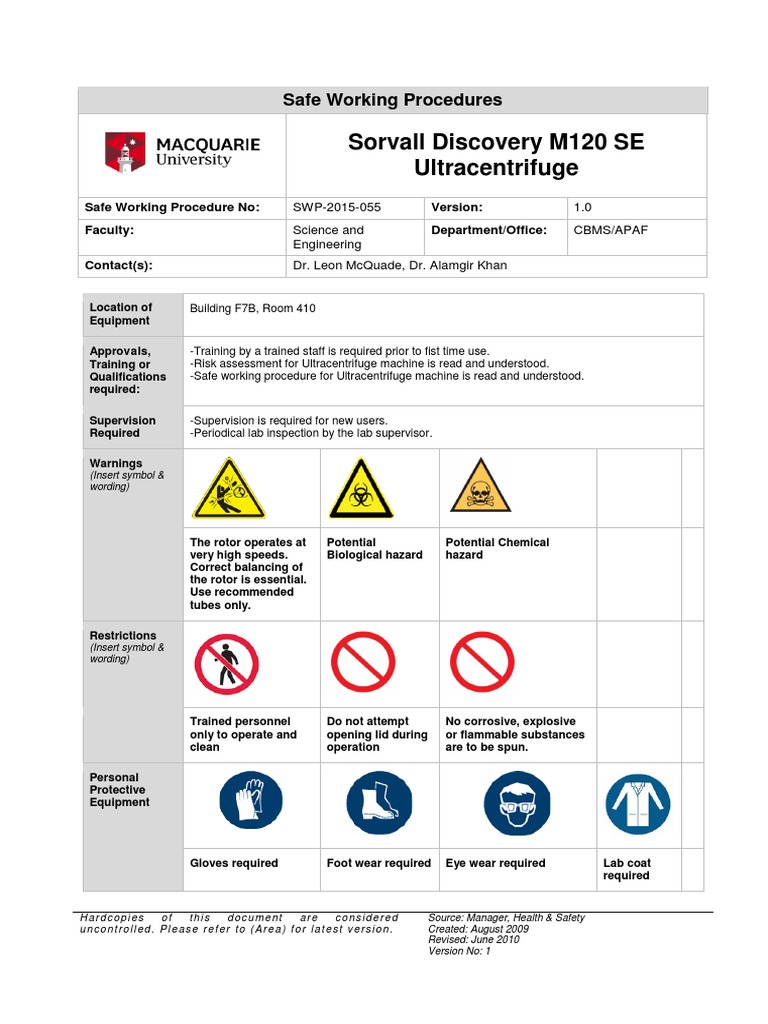 Sorvall Discovery M120 SE Ultracentrifuge Safe Working Procedures