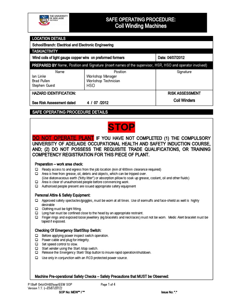 SOPCoil Winding Machines PDF Personal Protective Equipment Glove