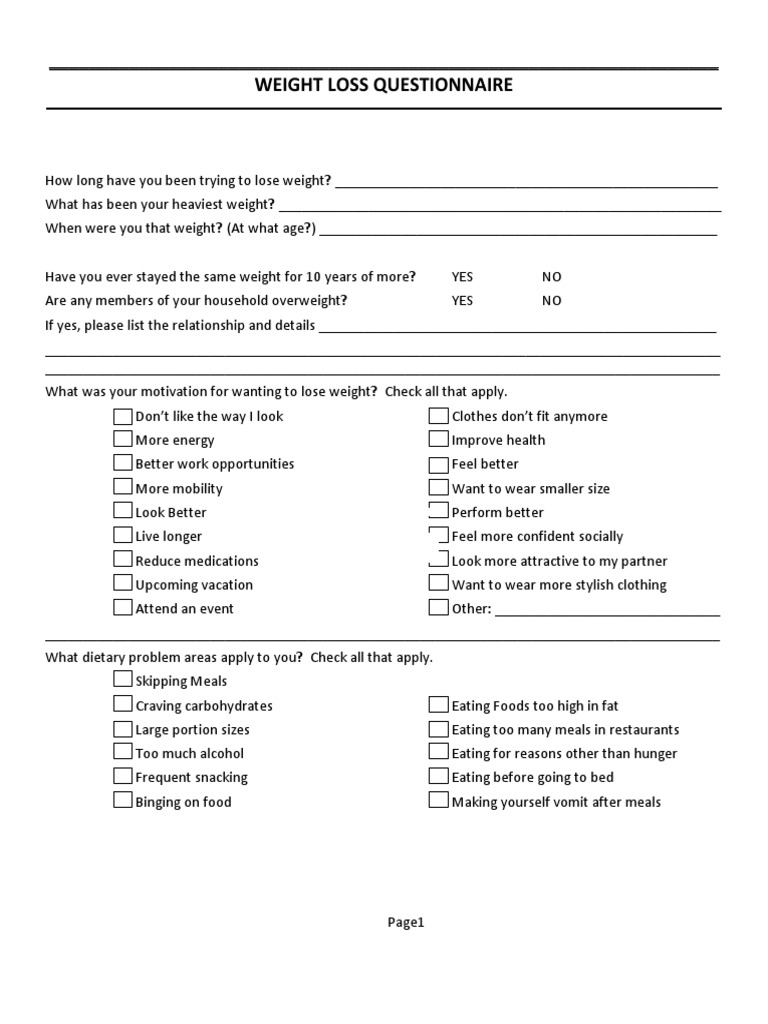 Weightloss Questionnaire 1 PDF Dieting Weight Loss