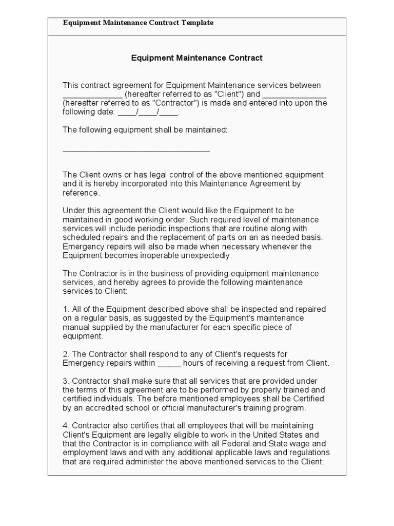 Equipment Maintenance Contract Template | PDF | Employment | Business