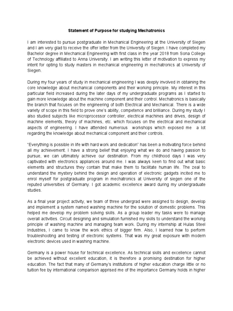 Statement of Purpose for Mechatronics Masters | PDF | Mechatronics ...