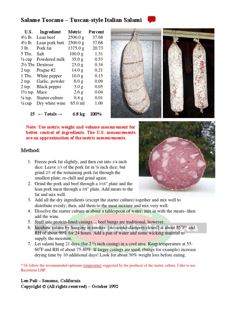 Salame Toscano TuscanStyle Italian Salami U.S. Ingredient Metric