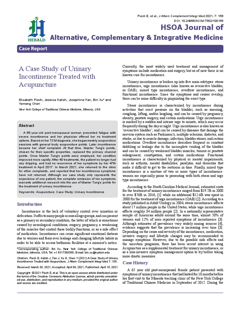 A Case Study of Urinary Incontinence Treated With Acupuncture PDF
