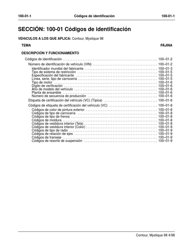 Códigos de Identificación Ford Contour 98 | PDF | Compania de motores ...