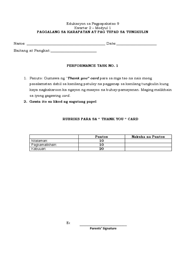 Edukasyon Sa Pagpapakatao 9 PERFORMANCE 1 | PDF