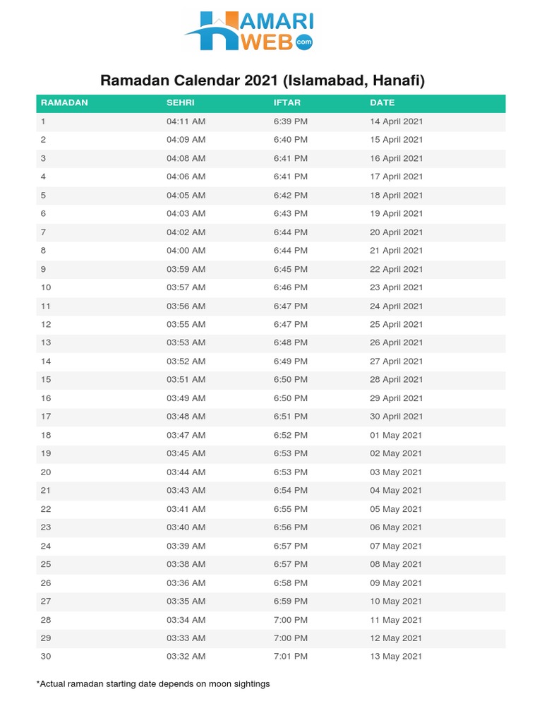 Ramadan Calendar 2021 (Islamabad, Hanafi) : Ramadan Sehri Iftar Date | PDF  | Semitic Words And Phrases | Eating Behaviors Of Humans