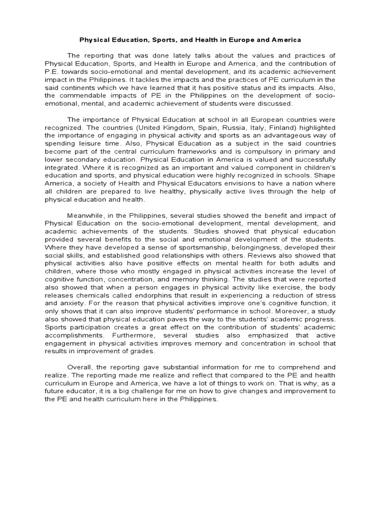 PE Impact in Europe, America, & PH | PDF | Physical Education ...