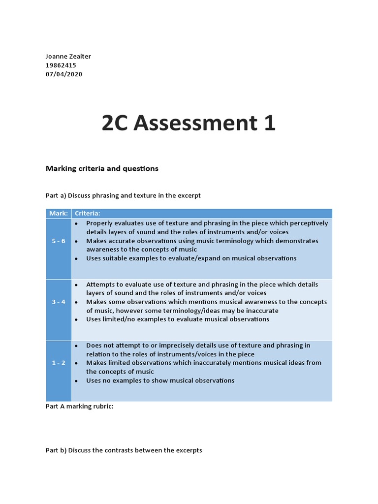 2C Assessment 1: Marking Criteria and Questions | PDF