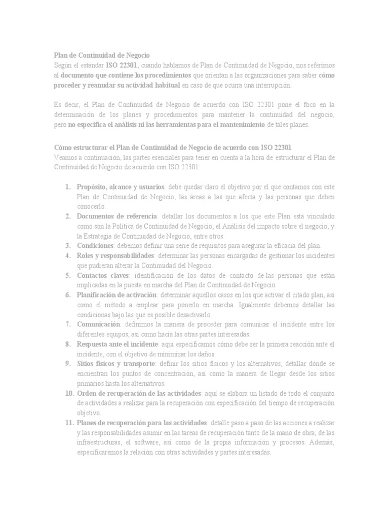 Estructura del Plan de Continuidad ISO 22301 | PDF | Planificación ...