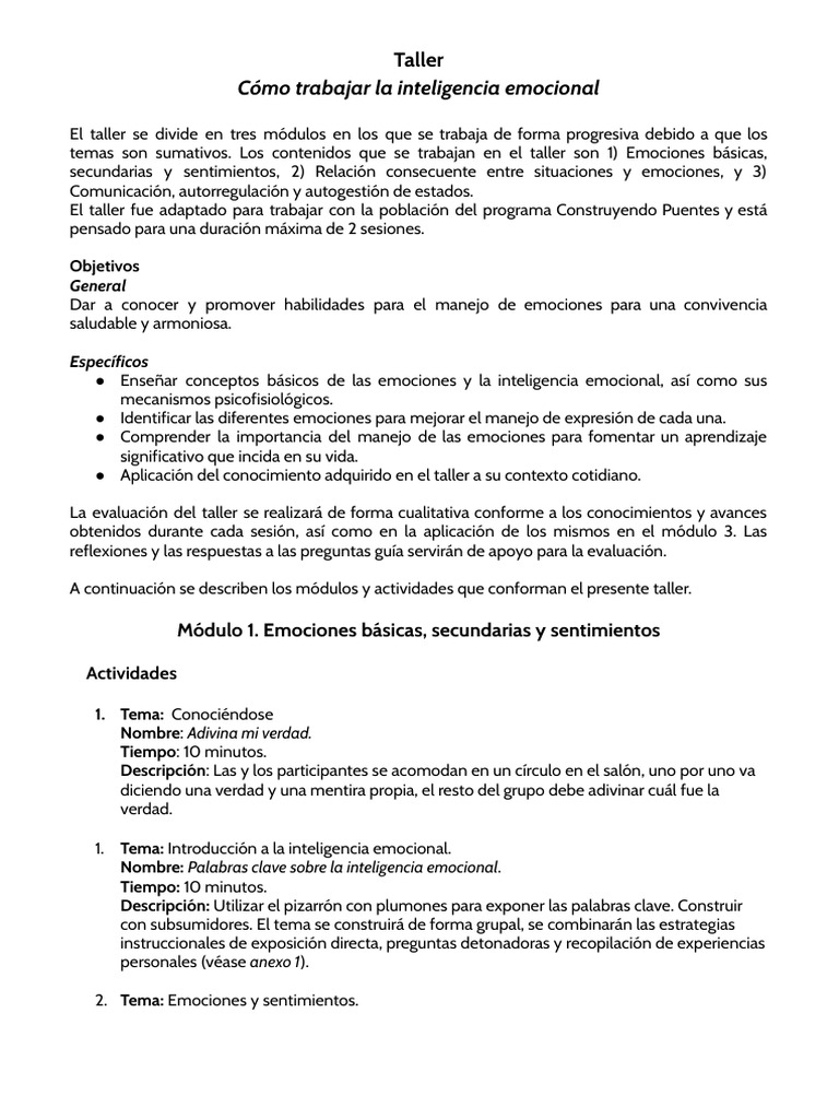 Taller de Manejo de Emociones | PDF | Inteligencia emocional | Las ...
