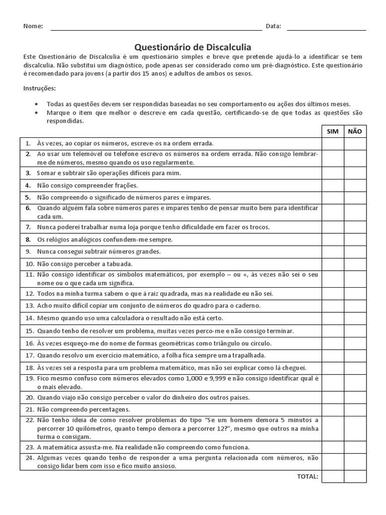 Questionário de Discalculia - Pré-Diagnóstico | PDF | Raiz quadrada ...