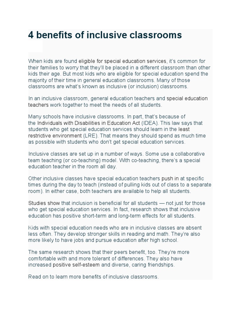 Benefits of Inclusive Classrooms | PDF | Special Education | Inclusion ...