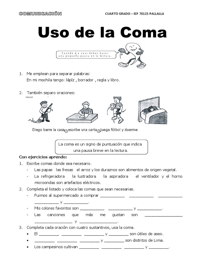 Ejercicios de uso de la coma para 4° grado | PDF | Artes del Lenguaje y ...