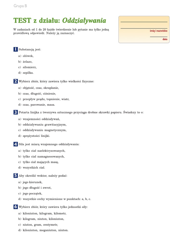 Sprawdzian Z Fizyki Dział 2 Klasa 7