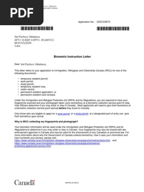 Biometric Instruction Letter: Study Permit Work Permit | PDF 
