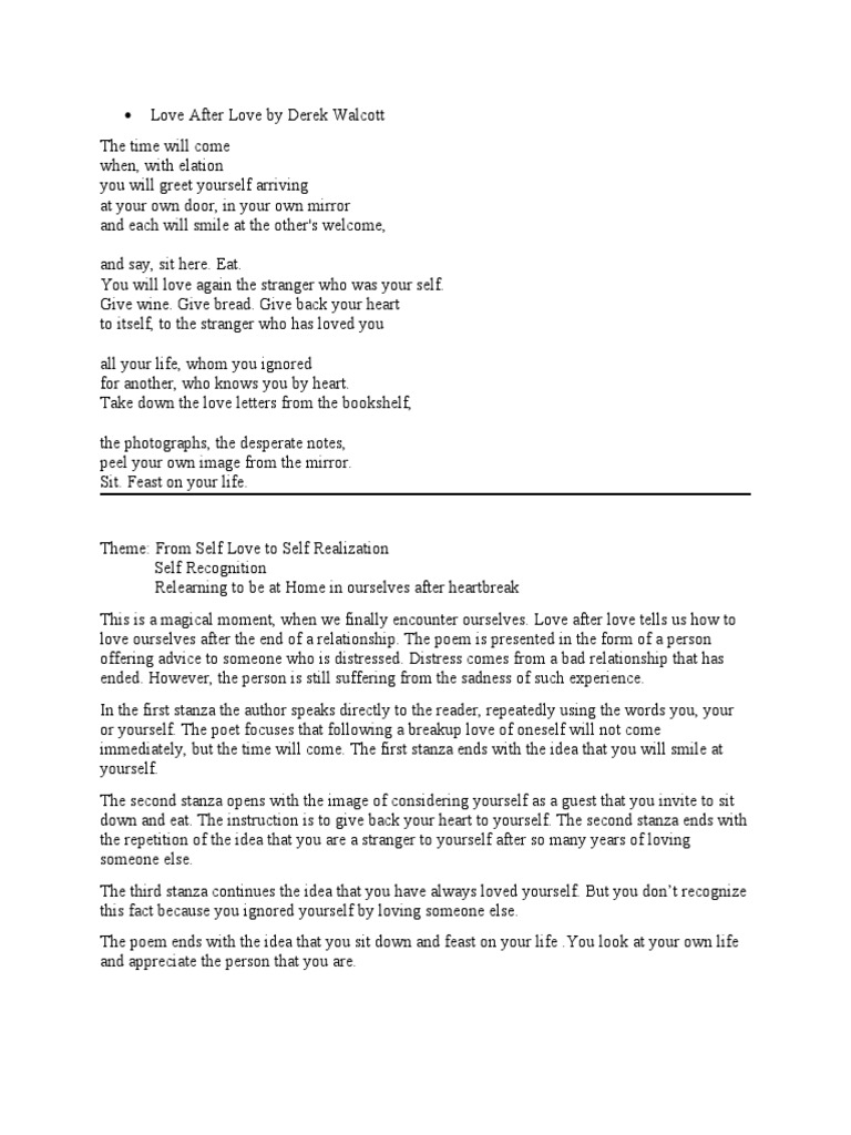 Derek Walcott Love After Love Pdf Self Awareness Poetry