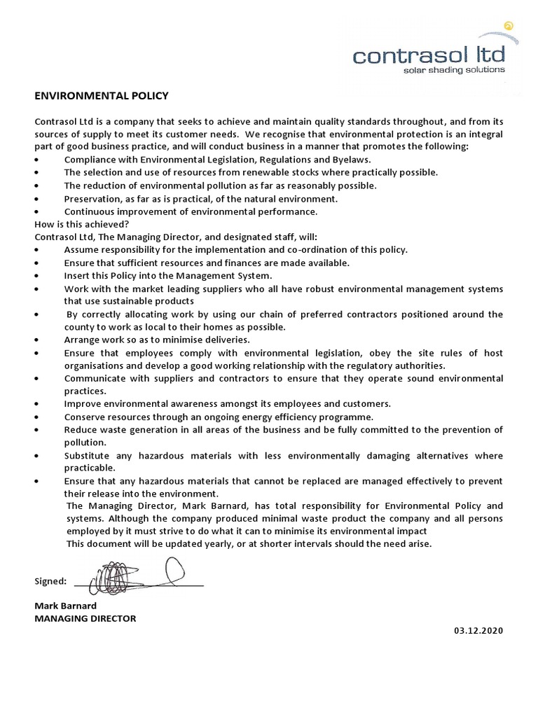 Contrasol Ltd Environmental Policy | PDF