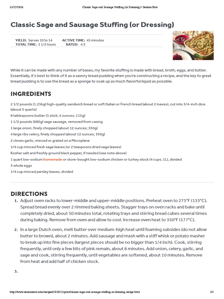 Classic Sage and Sausage Stuffing (Or Dressing) Serious Eats PDF