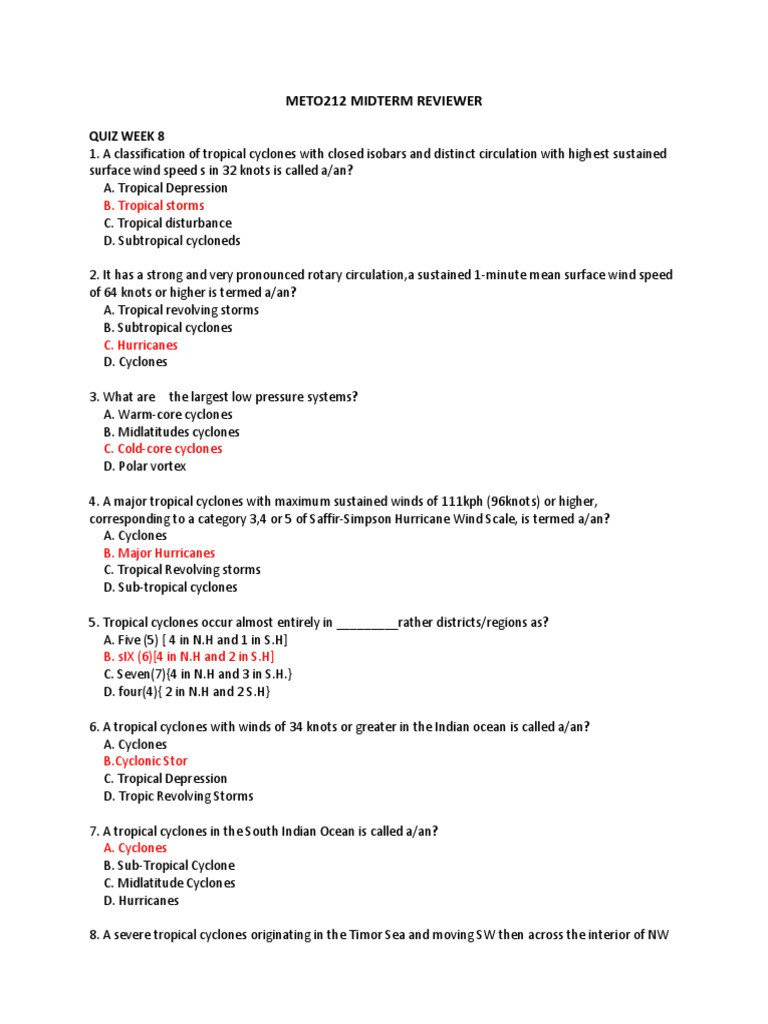 Meto212 Midterm Reviewer: Quiz Week 8 | PDF | Eye (Cyclone) | Tropical ...