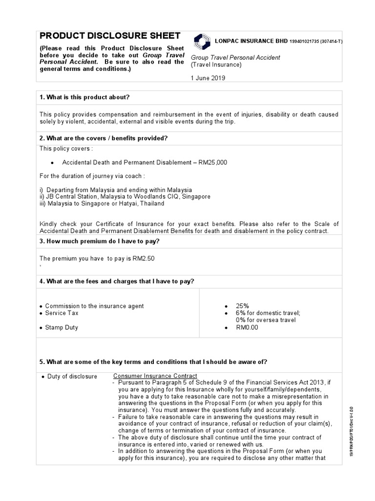 Product Disclosure Sheet: Personal Accident. Be Sure To Also Read The | PDF