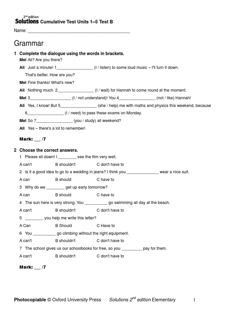 Sol2e ELEM Cumulative Test 1-5 B | PDF