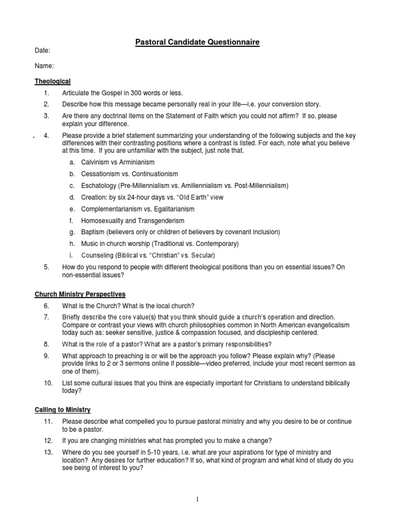 Pastoral Candidate Questionnaire | PDF