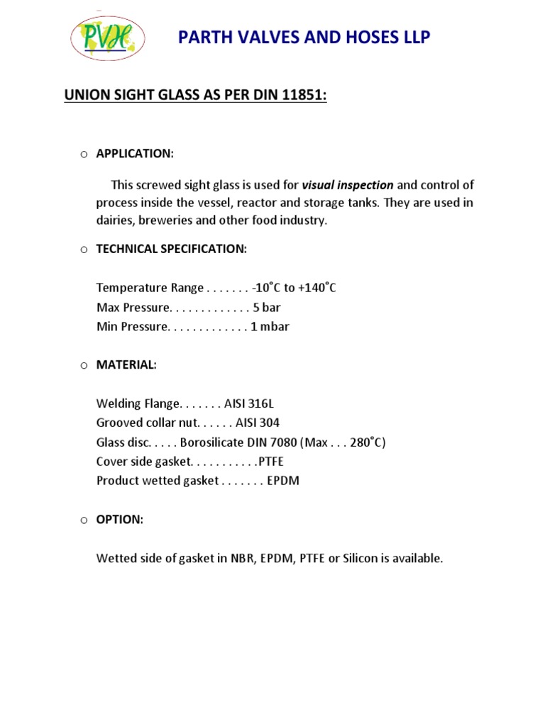 PVH Sight Glass Data Sheet PDF