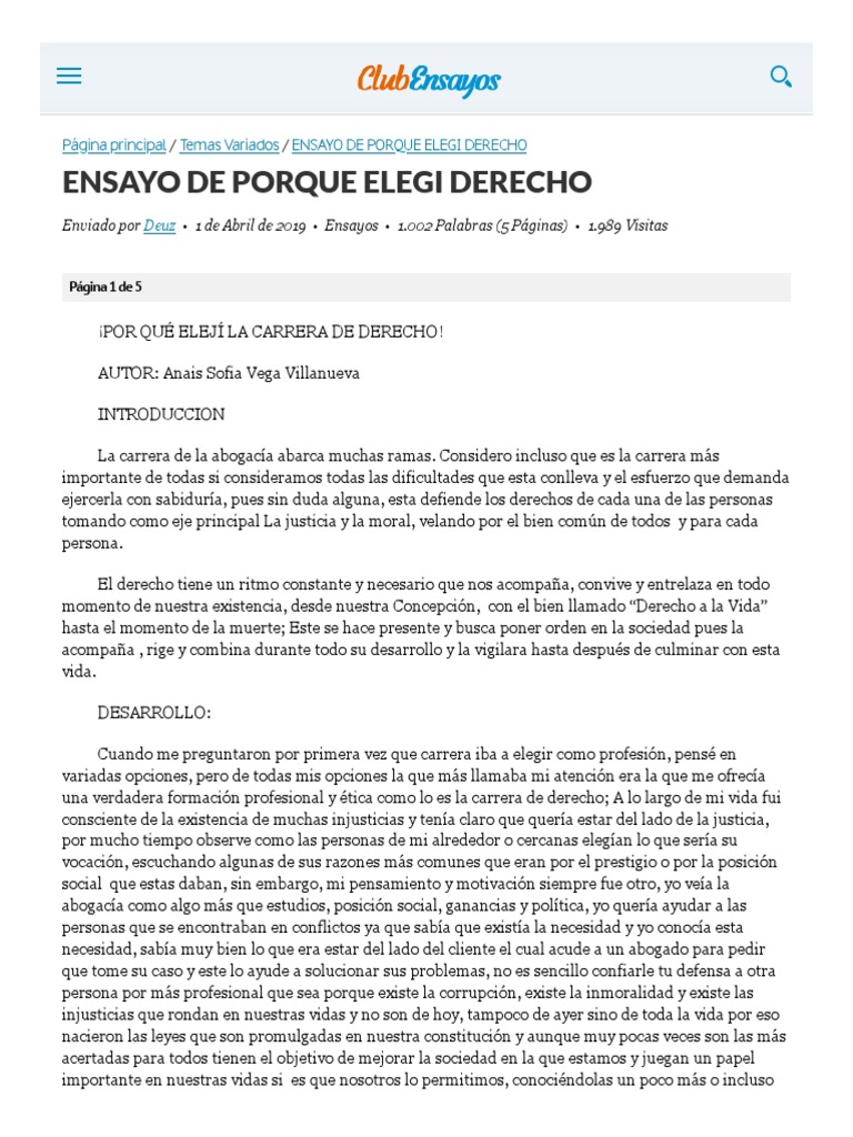 ENSAYO DE PORQUE ELEGI DERECHO - Ensayos - Deuz | PDF | Moralidad | Justicia