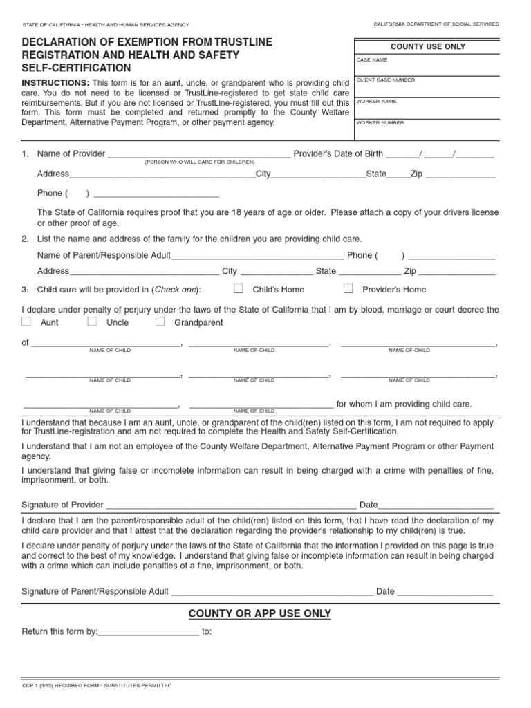 Declaration of Exemption From Trustline Registration and Health and Safety SelfCertification