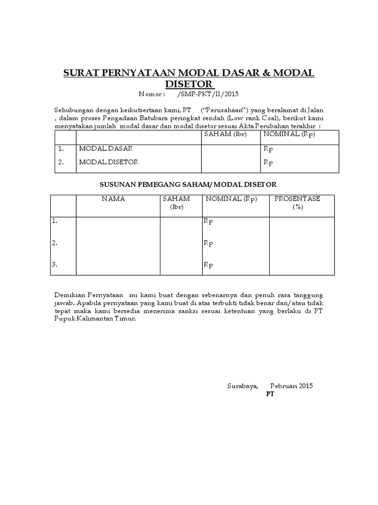 SURAT PERNYATAAN Modal Dasar & Modal Disetor | PDF