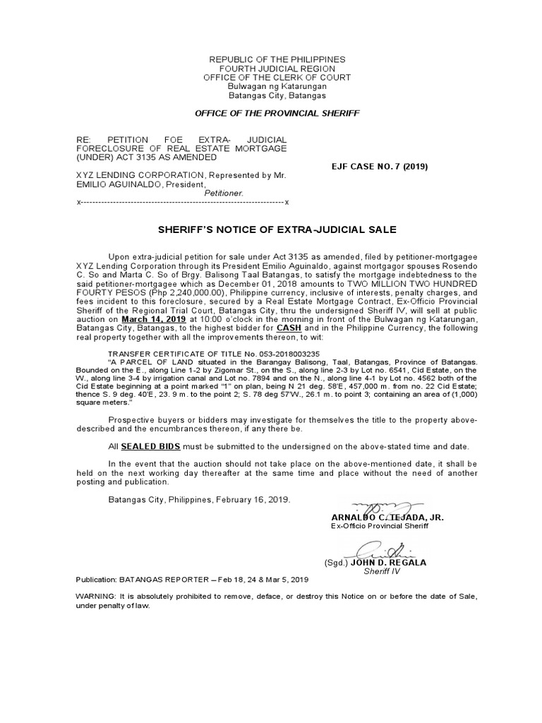 Sheriff'S Notice of ExtraJudicial Sale PDF Foreclosure Mortgage Law
