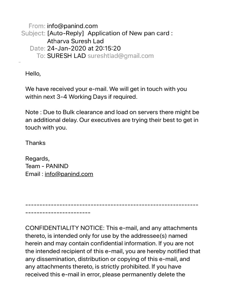 PAN Card Email Response Notification | PDF