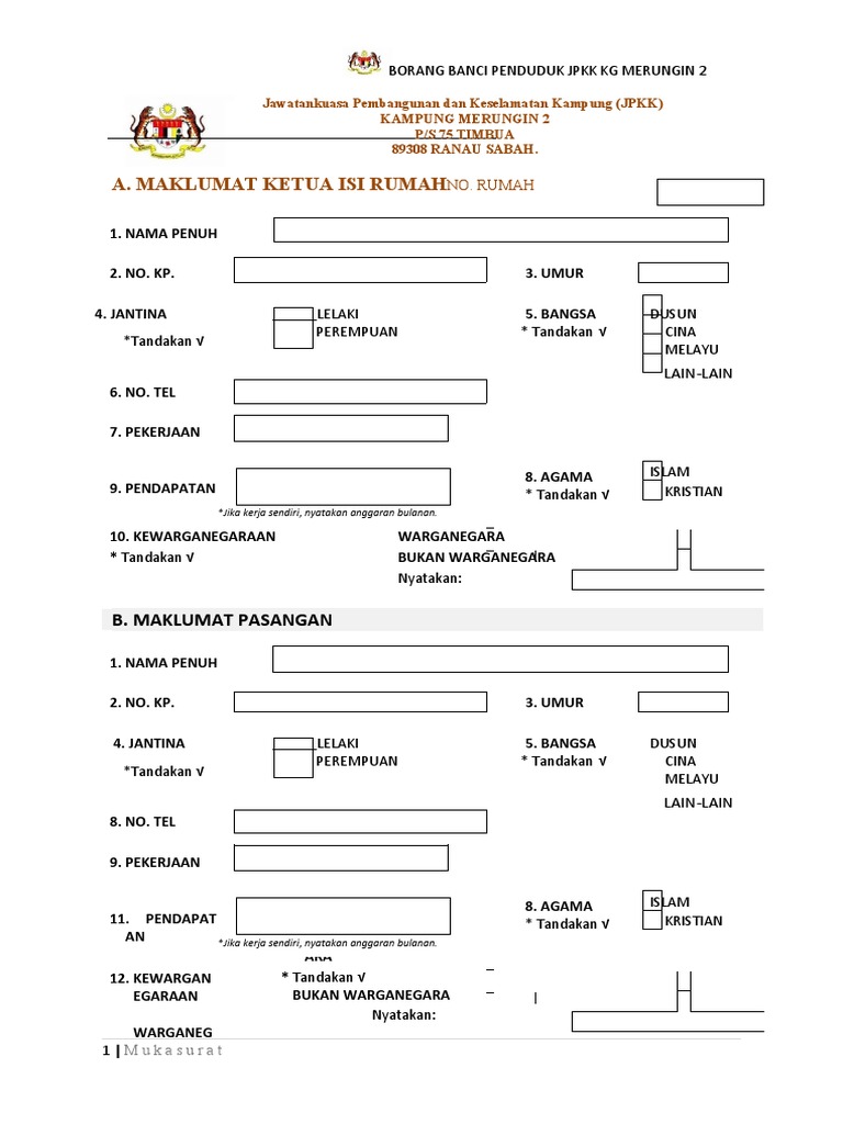 Borang Bancian-Penduduk-Kampung Merungin 2 | PDF