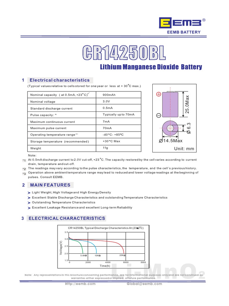 Battery CR14250BL | PDF | Energy Technology | Physical Quantities