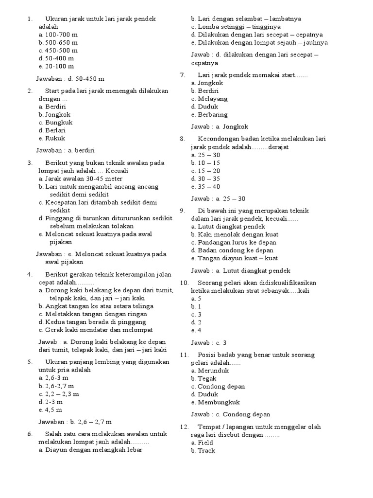 Contoh Soal Penjas Kelas X Materi Ateletik Semester 1 | PDF