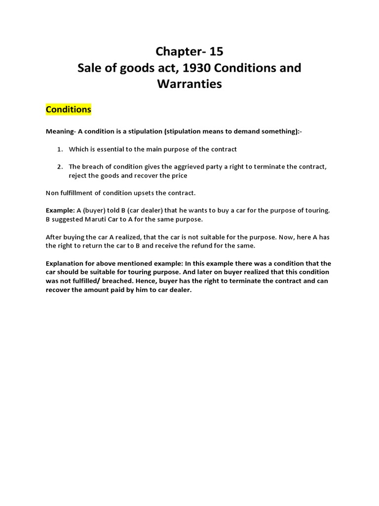 Ch15 Sale of Goods Act, 1930 Conditions and Warranties PDF Breach