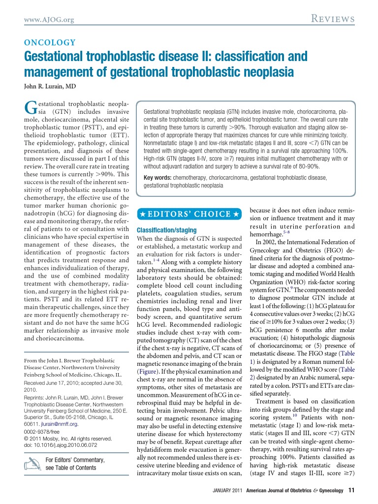 Gestational Trophoblastic Disease II: Classification and Management of ...