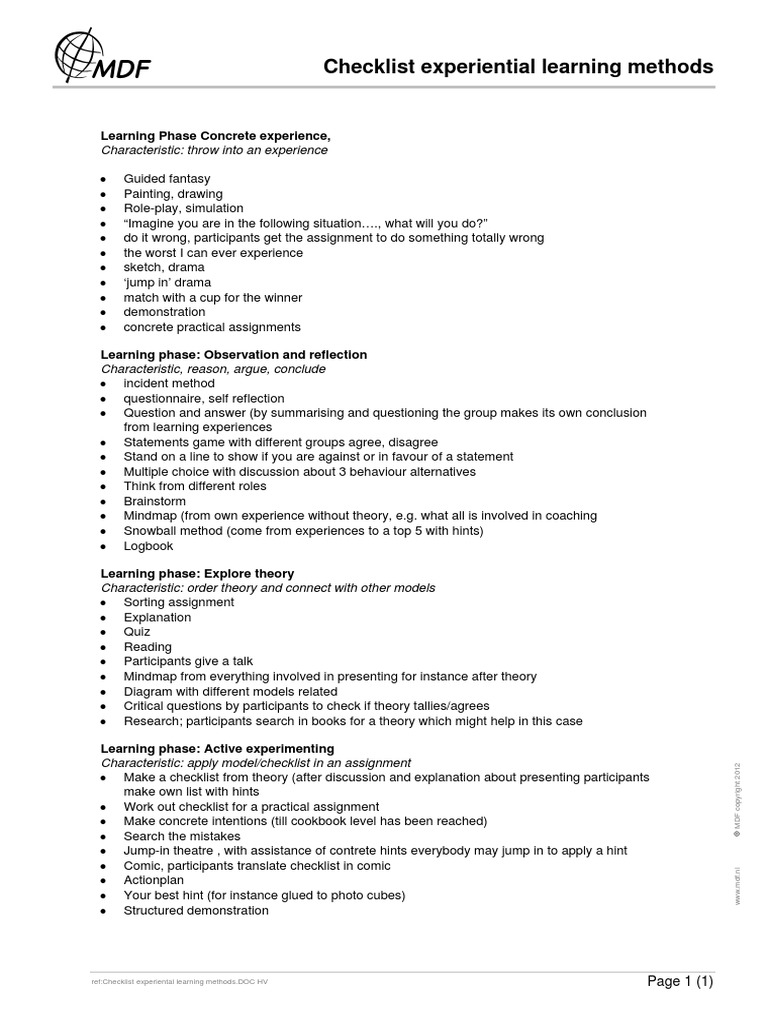Checklist Experiental Learning Methods | PDF | Academic Discipline ...