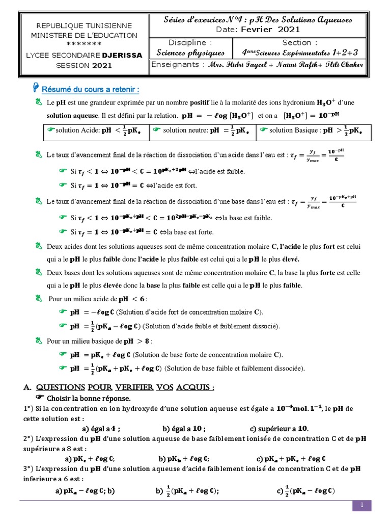 pH des Solutions Aqueuses : Exercices Corrigés | PDF | Ion ...