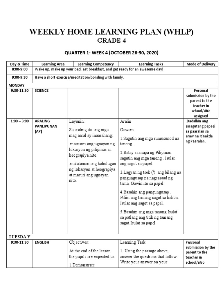 Grade 4 Weekly Home Learning Plan | PDF | Human Communication ...