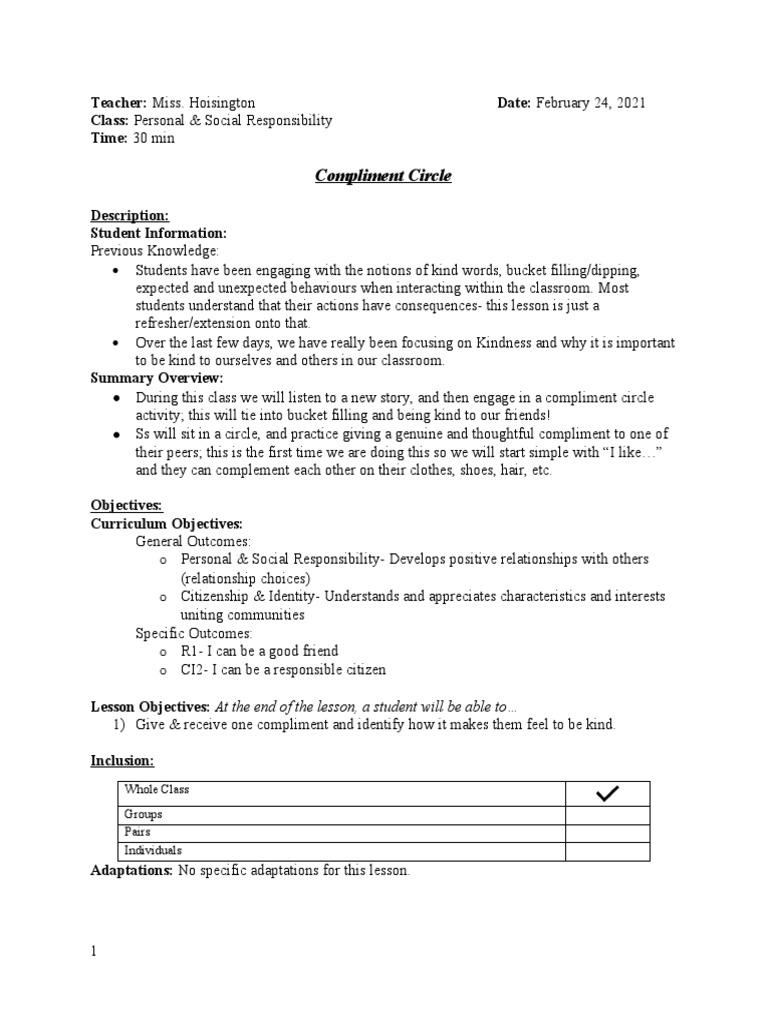 Compliment Circle Activity Overview | PDF | Inclusion (Education ...
