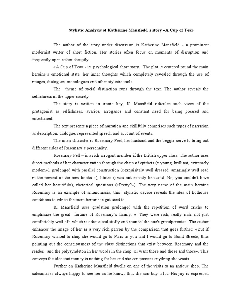 Stylistic Analysis Of Katherine Mansfield S Story A Cup Of Tea Pdf Narration